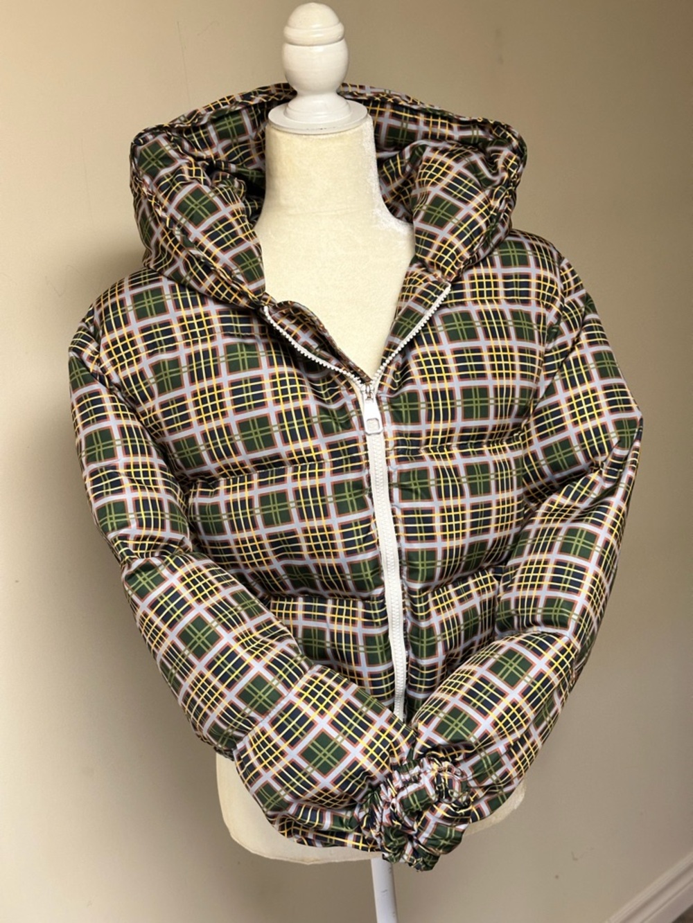 Plaid Hooded Puffer Jacket - Green/Yellow Plaid